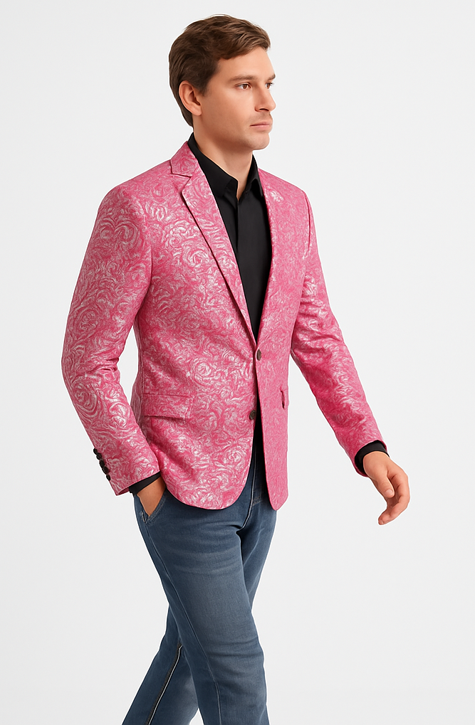 Alberto Nardoni Brand Fashion Men's shiny Fuchsia ~ black lapel blazer fashion pink sportcoat