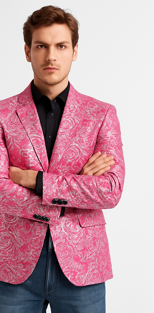 Alberto Nardoni Brand Fashion Men's shiny Fuchsia ~ black lapel blazer fashion pink sportcoat