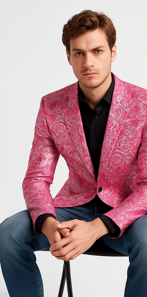 Alberto Nardoni Brand Fashion Men's shiny Fuchsia ~ black lapel blazer fashion pink sportcoat