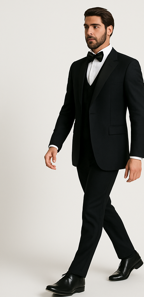 Alberto nardoni Peak lapel super 150s wool tuxedo with double breasted vest flat front pants 1 button style