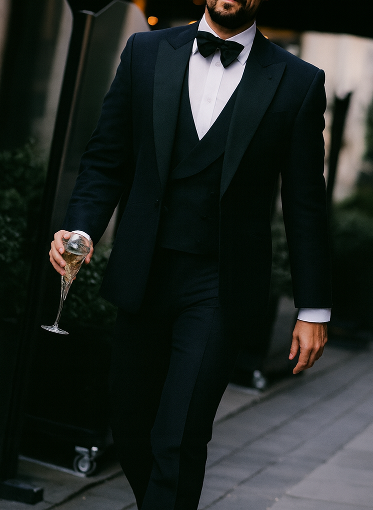 Alberto nardoni Peak lapel super 150s wool tuxedo with double breasted vest flat front pants 1 button style