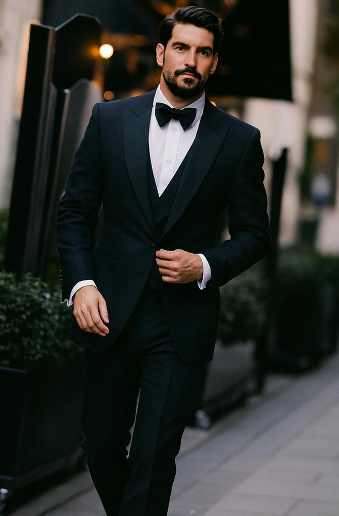 Alberto nardoni Peak lapel super 150s wool tuxedo with double breasted vest flat front pants 1 button style