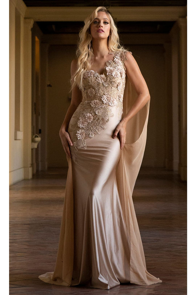 Amelia Couture 388 One Shoulder Cape Long Floral Formal Evening Dress