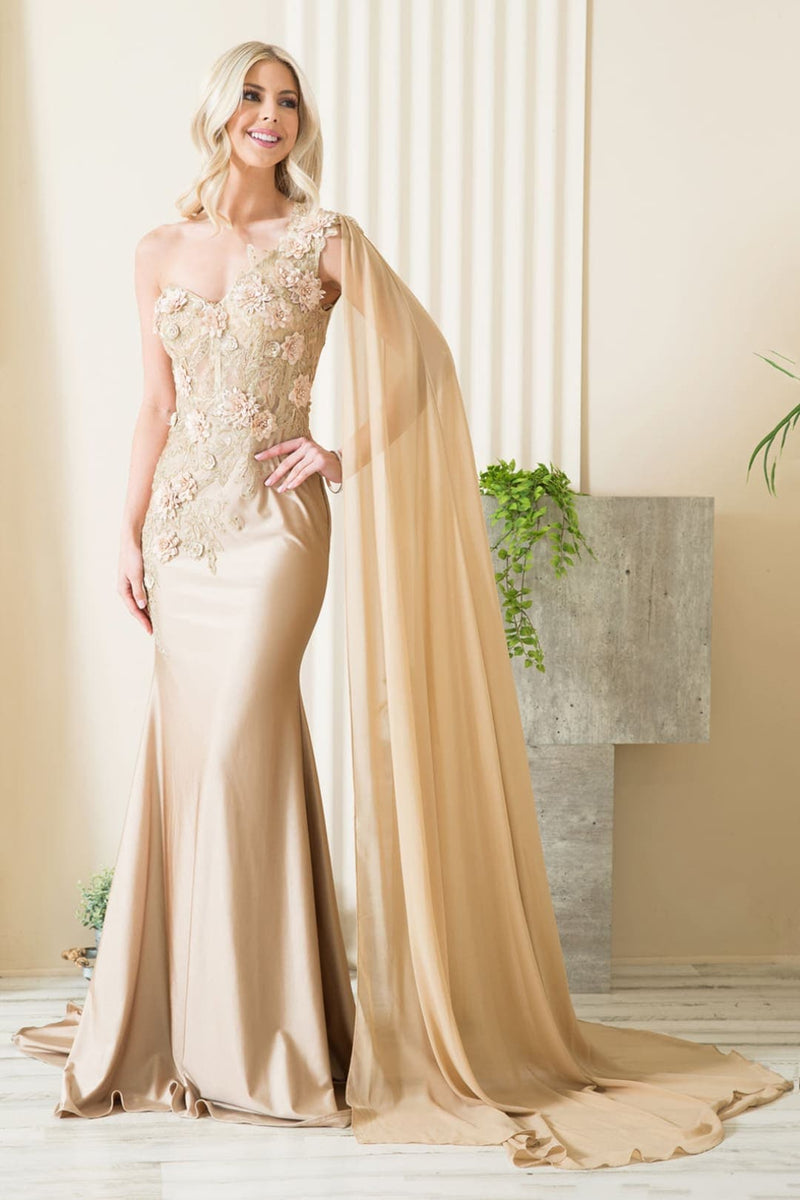 Amelia Couture 388 One Shoulder Cape Long Floral Formal Evening Dress