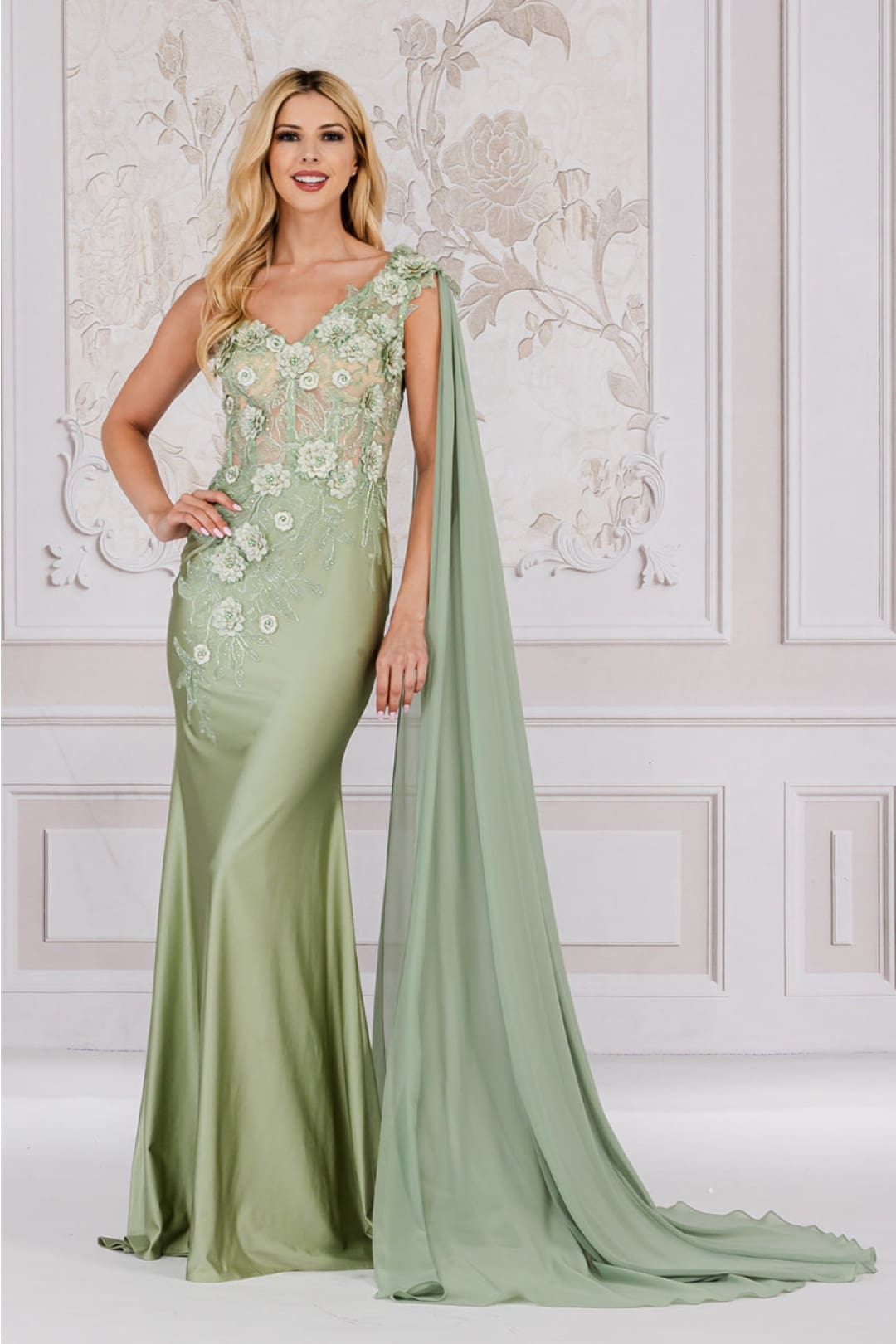 Amelia Couture 388 One Shoulder Cape Long Floral Formal Evening Dress