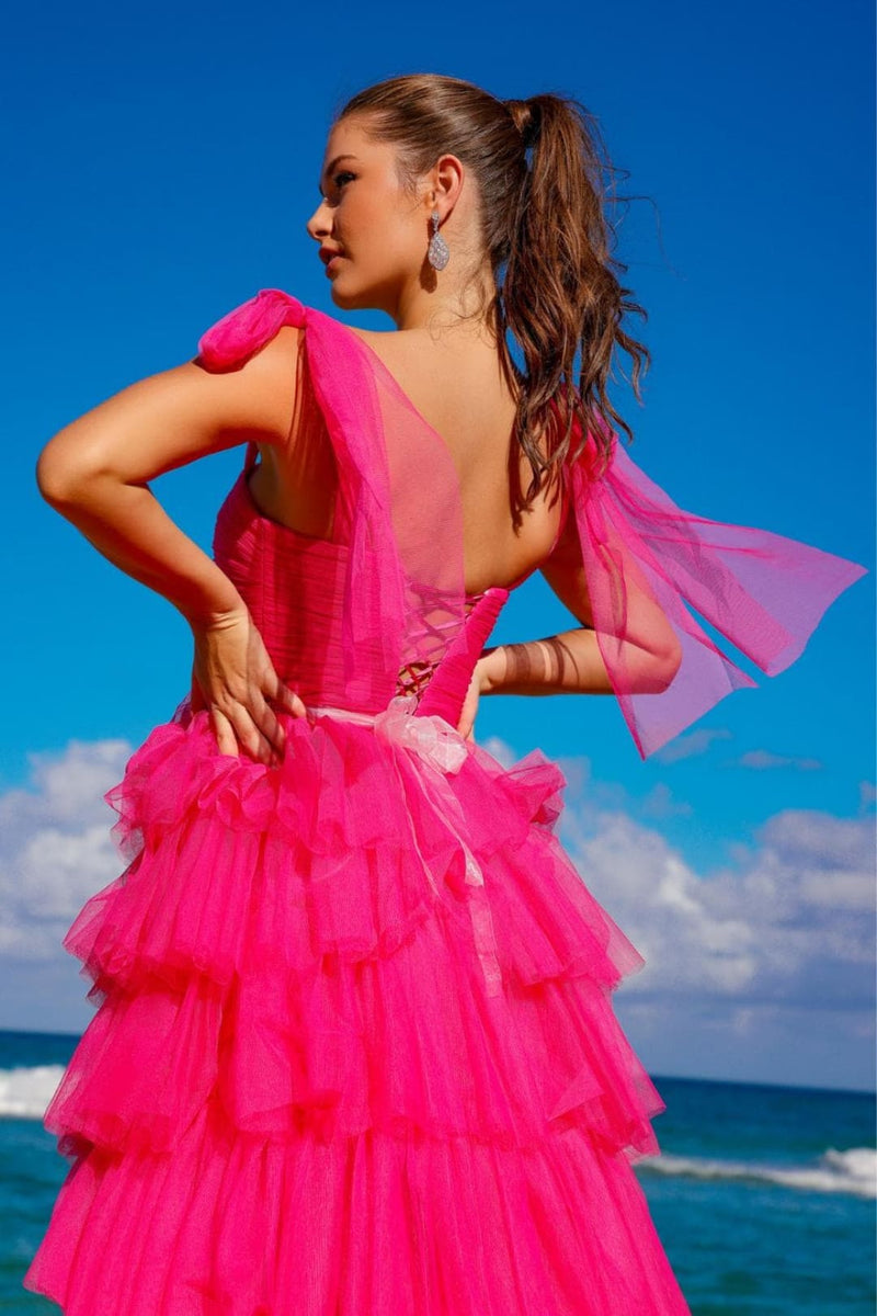 Amelia Couture 6125 Lace Up Back Tiered Ruffled A-line Evening Gown