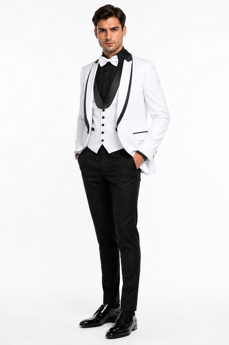 White Slim Fit Tuxedo 3 Piece with Satin Shawl Collar Vest
