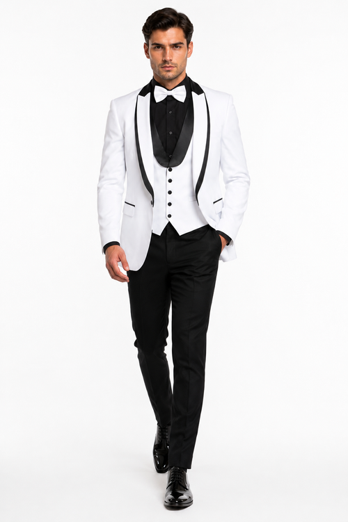 White Slim Fit Tuxedo 3 Piece with Satin Shawl Collar Vest