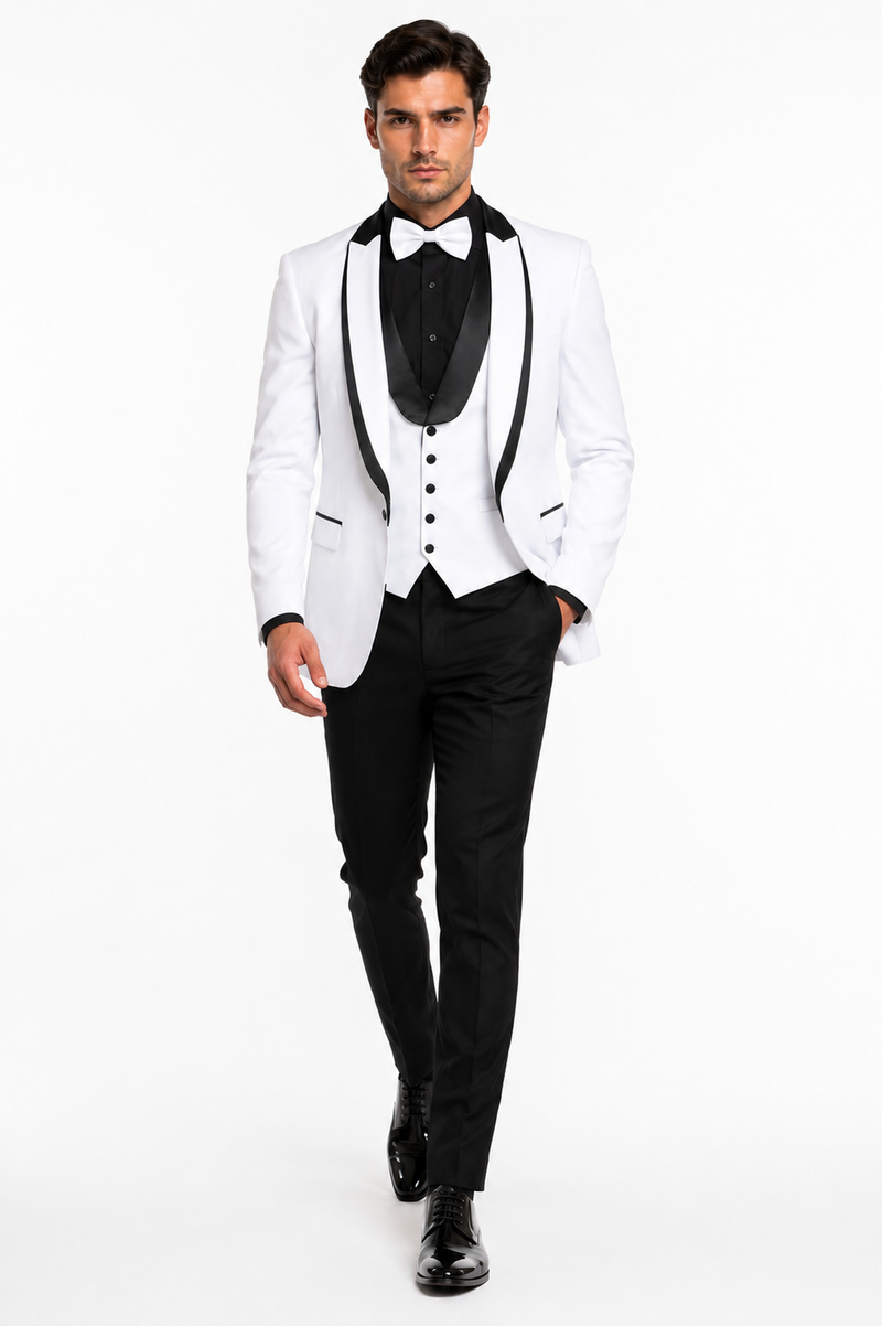 White Slim Fit Tuxedo 3 Piece with Satin Shawl Collar Vest