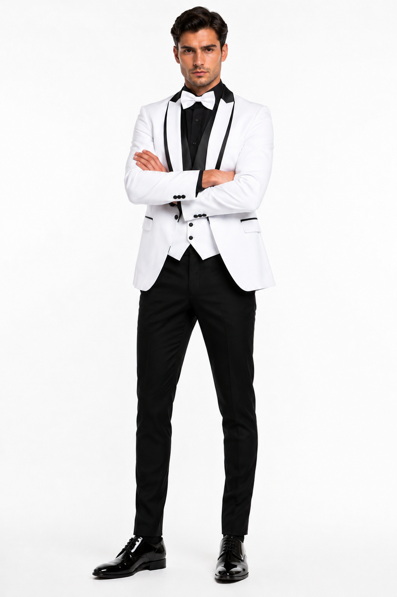 White Slim Fit Tuxedo 3 Piece with Satin Shawl Collar Vest