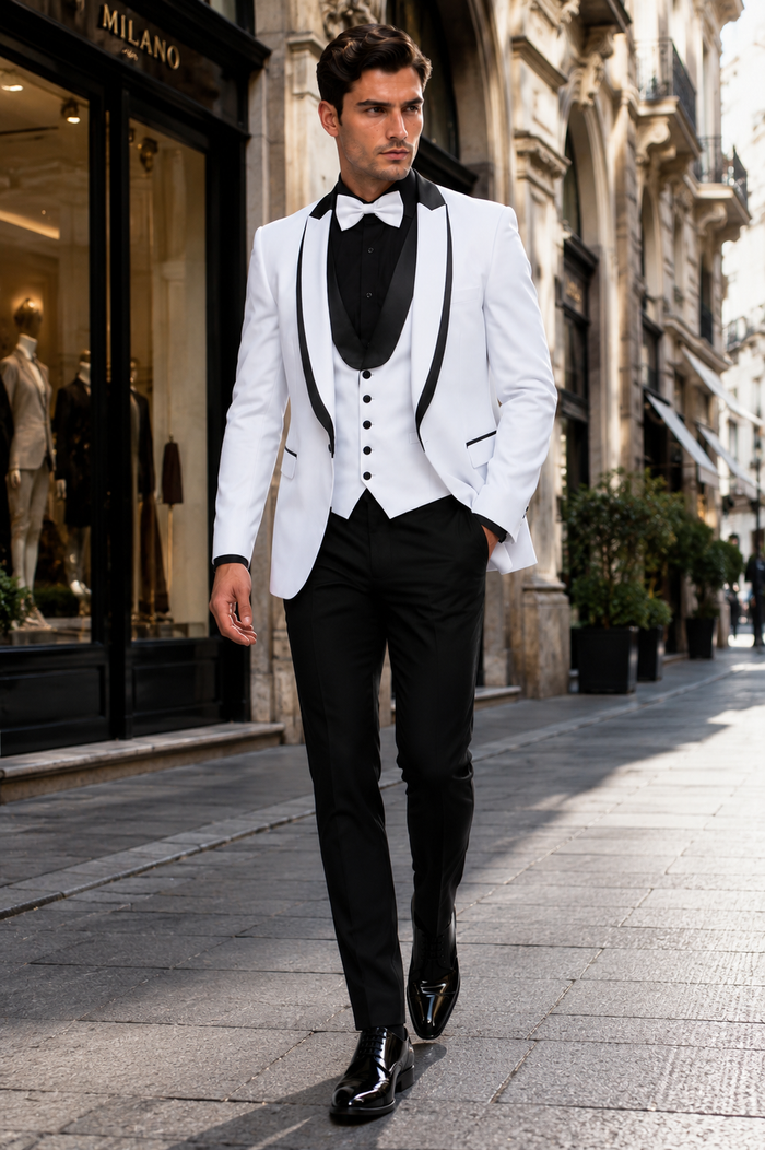 White Slim Fit Tuxedo 3 Piece with Satin Shawl Collar Vest