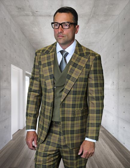 The Statement mens 3 piece plaid suit features a modern fit with a wide peak lapel, constructed from 100% wool. The design incorporates a brown and green plaid pattern throughout, with the jacket and trousers paired with a matching vest. The ensemble is tailored for a structured appearance.