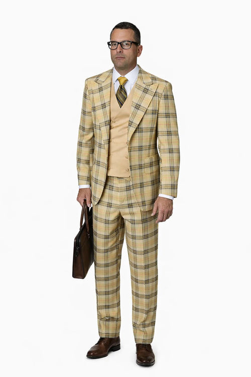 Statement Men’s 3-Piece Plaid Wool Suit – 100% Wool Modern Fit with Wide Peak Lapel