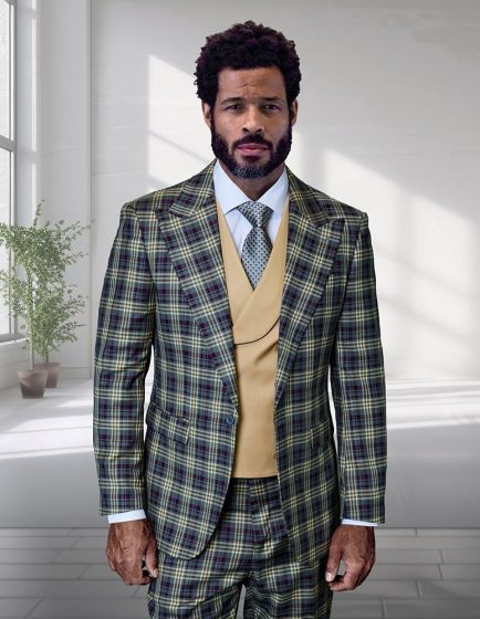 The Statement mens 3 piece plaid suit features a modern fit with a wide peak lapel, made entirely of 100% wool. The suit consists of a checkered pattern in green, blue, and yellow tones, with a contrasting vest that is beige.