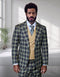 The Statement mens 3 piece plaid suit features a modern fit with a wide peak lapel, made entirely of 100% wool. The suit consists of a checkered pattern in green, blue, and yellow tones, with a contrasting vest that is beige.
