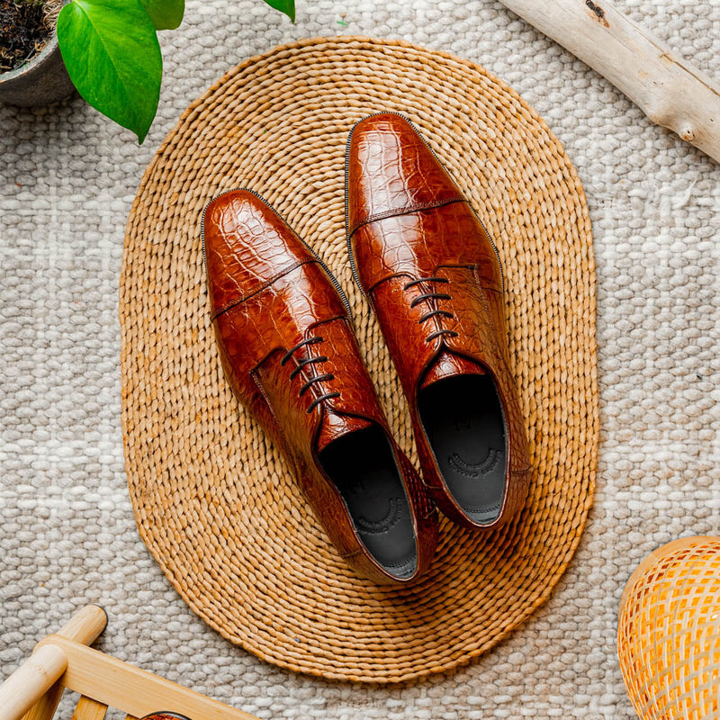 Zelli Andrea Genuine Crocodile Cap Toe Derby Dress Shoes in Cognac