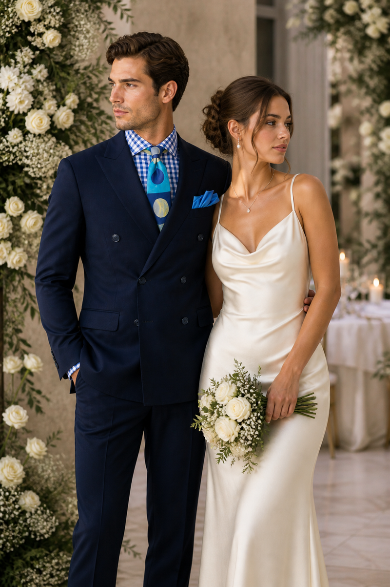 Apollo King Men’s Navy Blue 2 Piece Double Breasted Suit, Pleated Pants Formal Business Wedding Suit