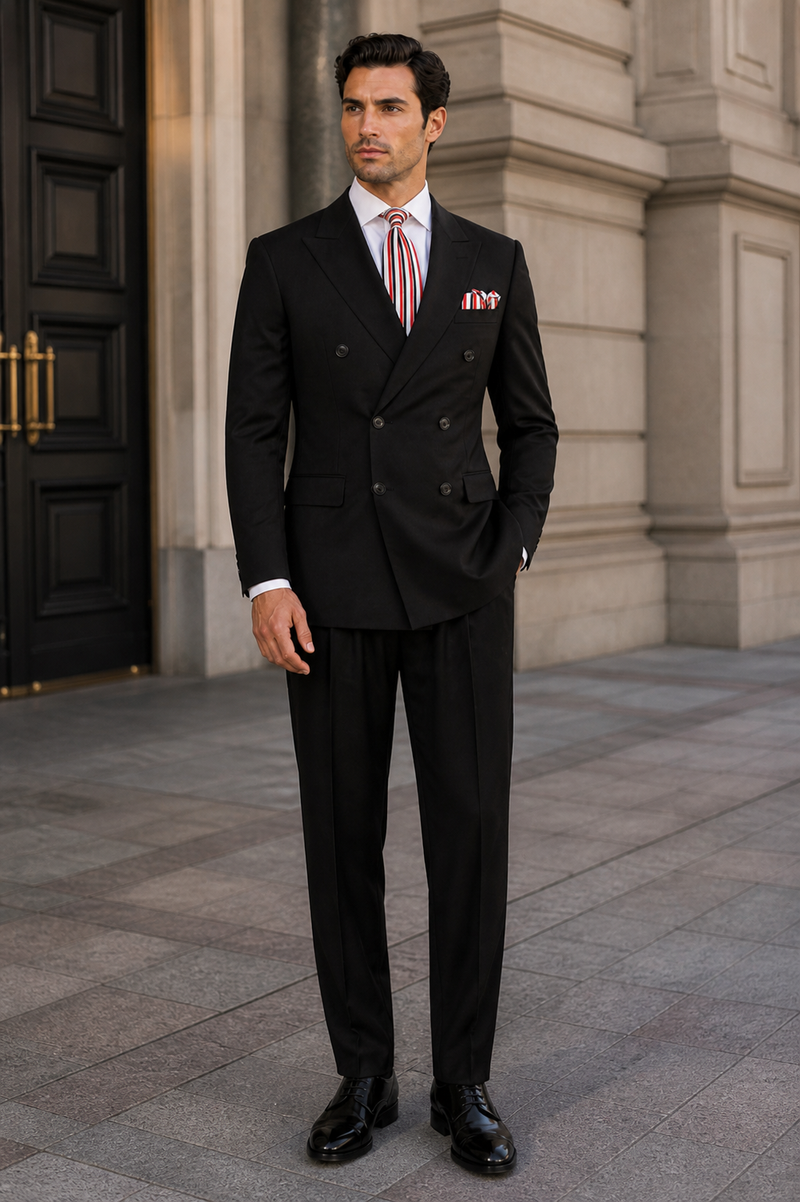 Apollo King Men’s Navy Blue 2 Piece Double Breasted Suit, Pleated Pants Formal Business Wedding Suit