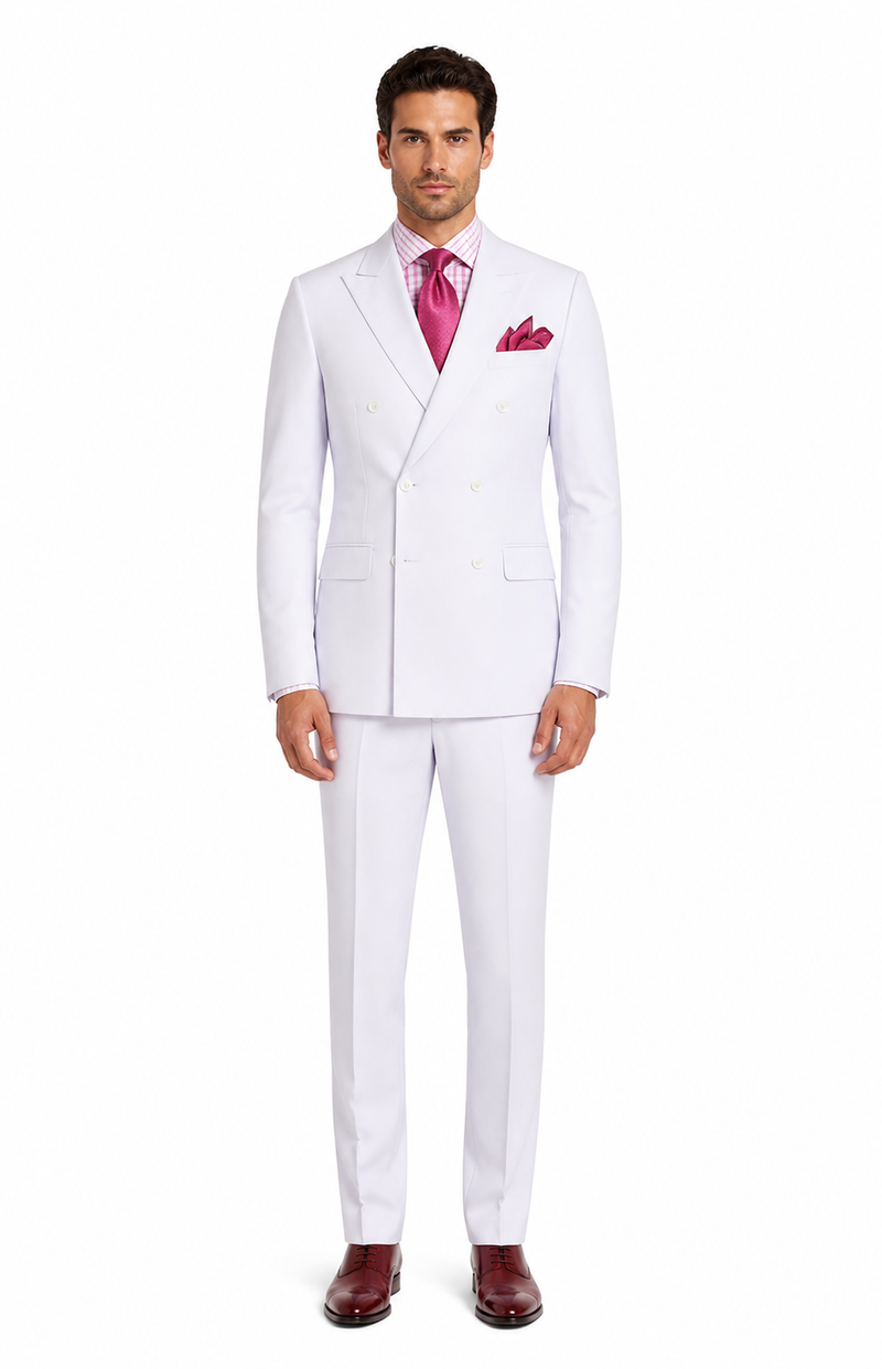 Apollo King Men’s Navy Blue 2 Piece Double Breasted Suit, Pleated Pants Formal Business Wedding Suit