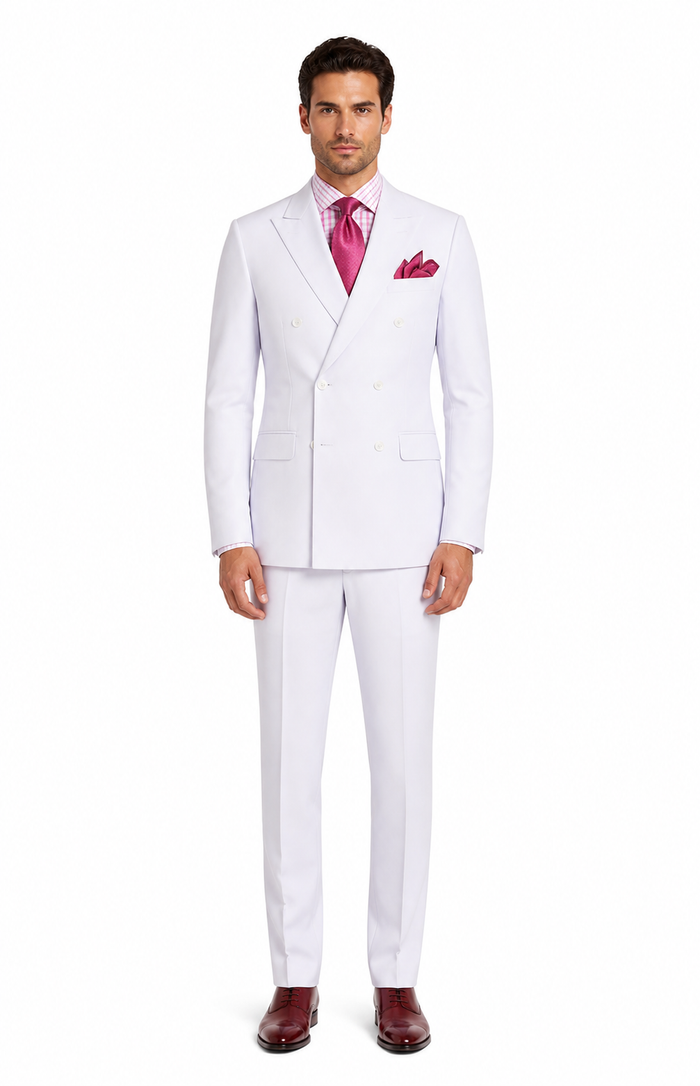Apollo King Men’s Navy Blue 2 Piece Double Breasted Suit, Pleated Pants Formal Business Wedding Suit