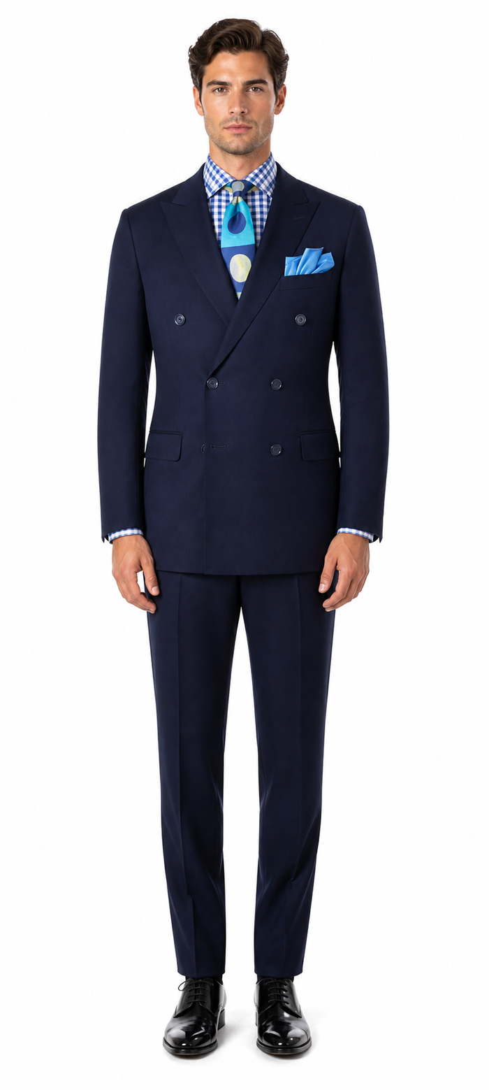 Apollo King Men’s Navy Blue 2 Piece Double Breasted Suit, Pleated Pants Formal Business Wedding Suit