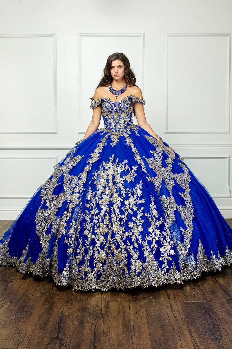Applique Off Shoulder Quinceanera Dress Corset Ball Gown with Train by Bella Princess PQ1055
