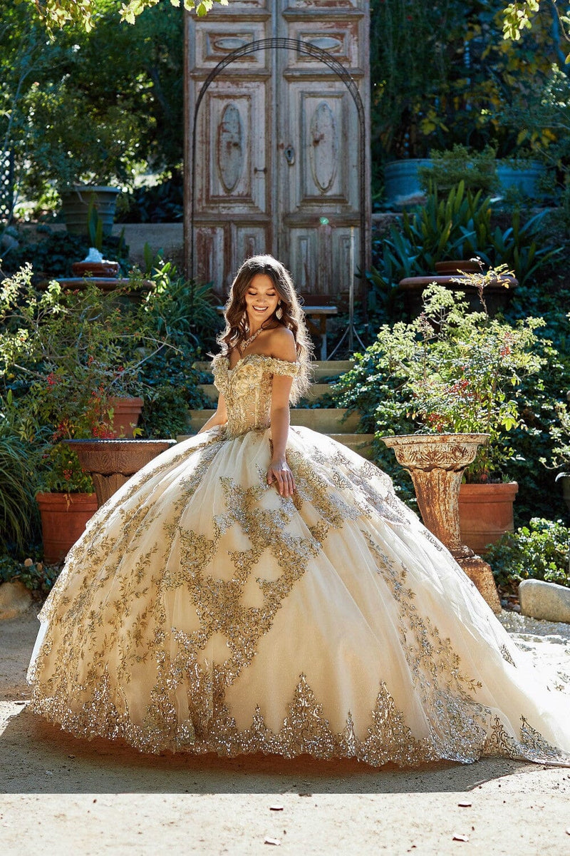 Applique Off Shoulder Quinceanera Dress Corset Ball Gown with Train by Bella Princess PQ1055