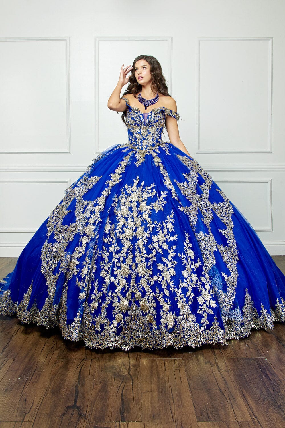 Applique Off Shoulder Quinceanera Dress Corset Ball Gown with Train by Bella Princess PQ1055