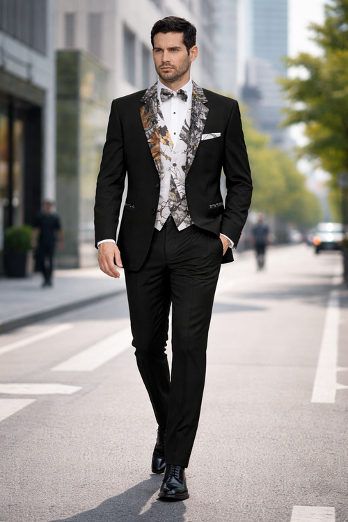 Army Green Tuxedo - Camouflage Patterned - Two Toned Vested Olive Camo Black Modern Fit  Tuxedo