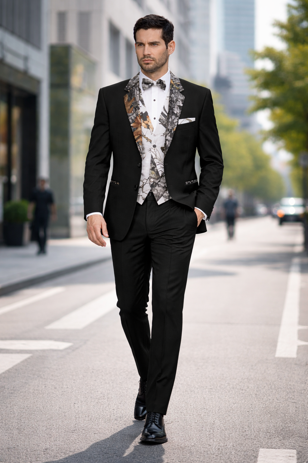 Army Green Tuxedo - Camouflage Patterned - Two Toned Vested Olive Camo Black Modern Fit  Tuxedo