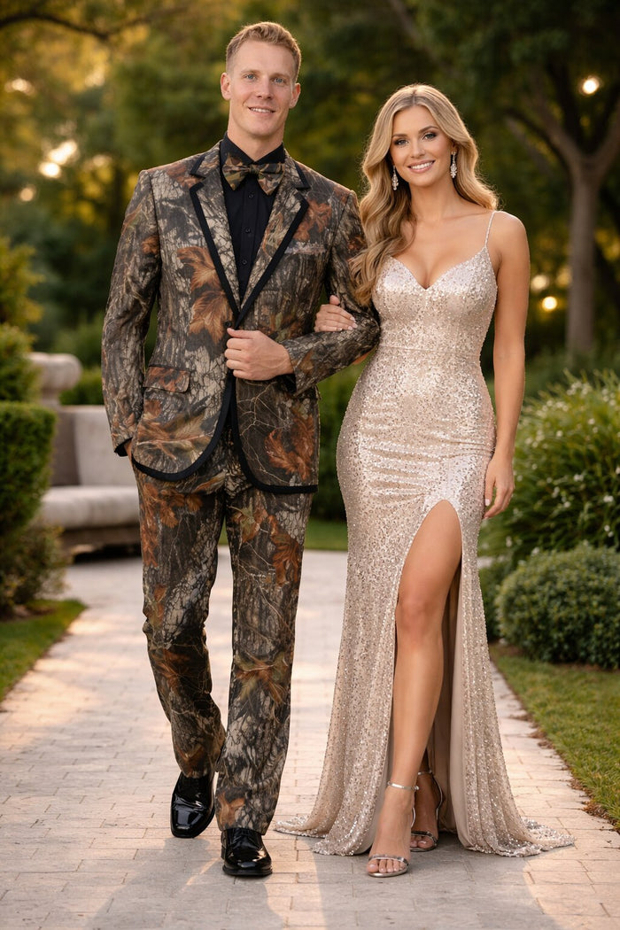 Army Green Tuxedo - Camouflage Patterned - Two Toned Vested Olive Camo  Single Breasted  2 Button One Chest Pocket Tuxedo