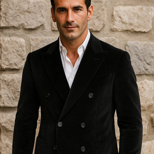 Double Breasted Black Velvet Blazer