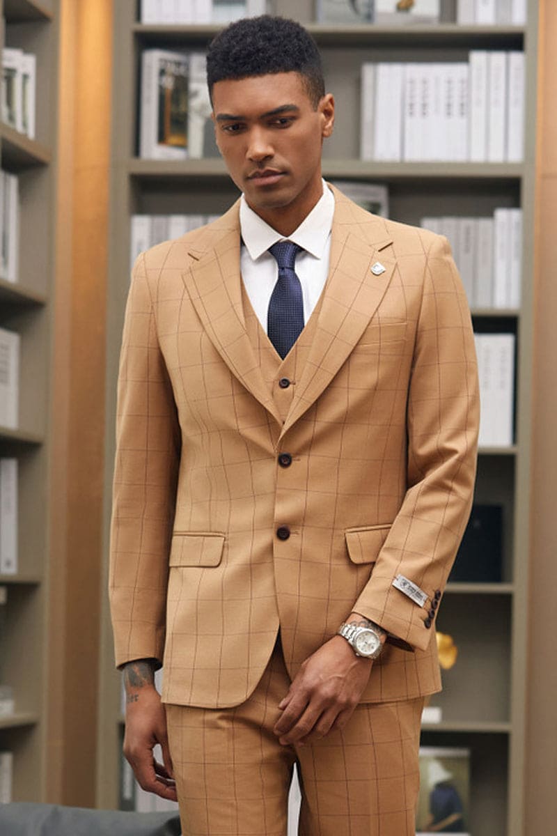 Mens Stacy Adams Suit - Stacy Adams Suit Men's Two-Button Wide Notch Lapel Vested Suit - Light Rust Windowpane Plaid