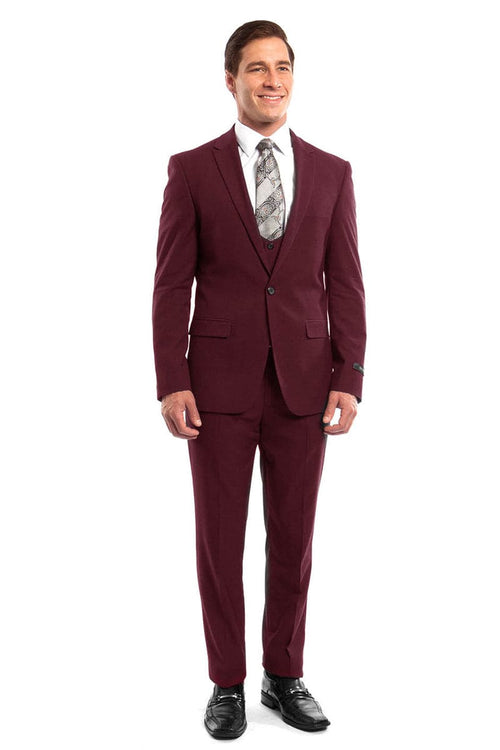 "Burgundy Men's Wedding & Prom 2025 Suit - One Button, Peak Lapel, Skinny Fit with Lowcut Vest"