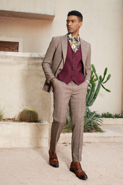 Mens Stacy Adams Suit - Stacy Adams Men's Windowpane Plaid Suit with Reversible Vest - Light Brown