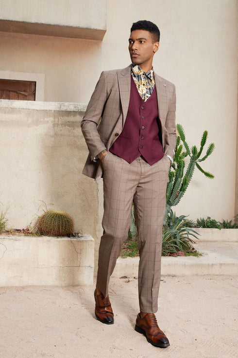 Mens Stacy Adams Suit - Stacy Adams Men's Windowpane Plaid Suit with Reversible Vest - Light Brown