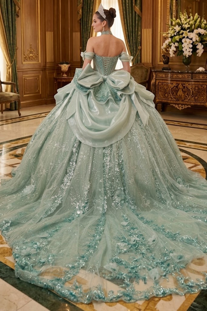 Off-Shoulder Sweetheart Beaded Corset Glitter Ball Gown Quinceañera Dress by Layla K LK313