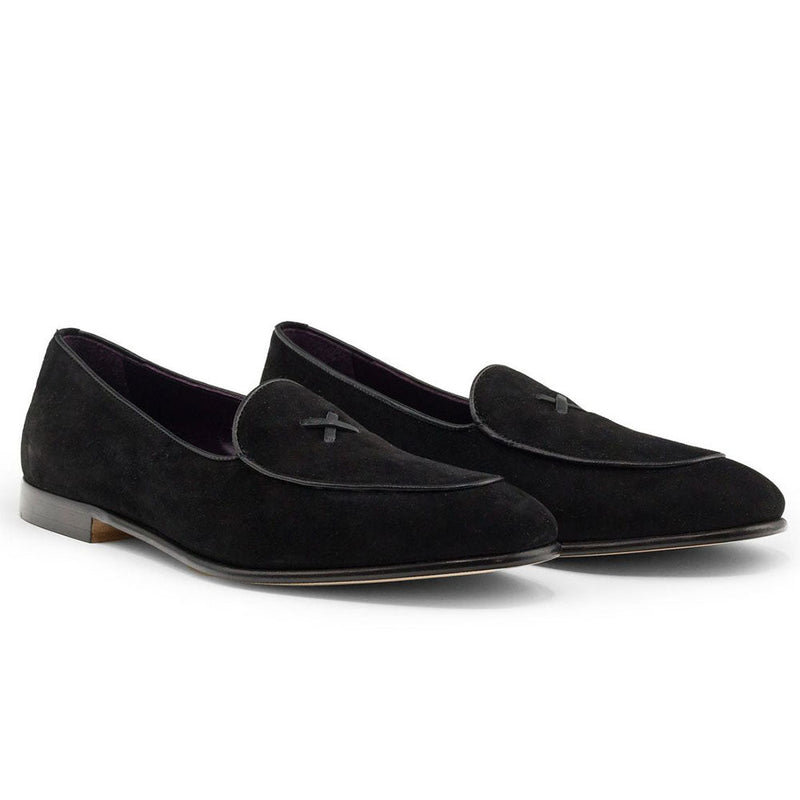 Zelli Hand-Stitched Sueded Goatskin Loafer with Crocodile Vamp in Black