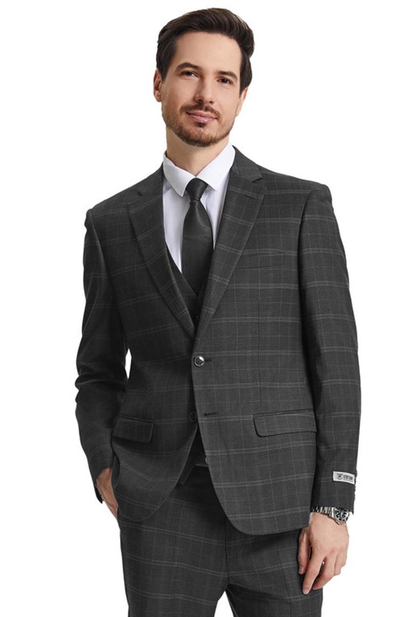 The men's Stacy Adams vested modern fit suit features a windowpane plaid pattern in olive green and dark hues. It includes a single-button closure, notch lapels, and flat front trousers.