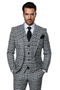 Classic fit, three-piece wool suit. Black & white check. Wide-leg, baggy pleated pants. One-button jacket with peaked lapels & pockets. Vest with visible buttons. 100% wool.