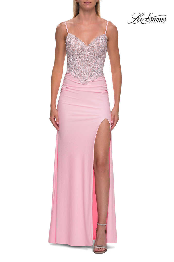 La Femme 33439 Rhinestone Lace V-Neckline Prom Dress