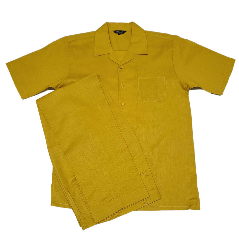 Mens Mustard Linen Shirt and Pants Casual Outfit Set