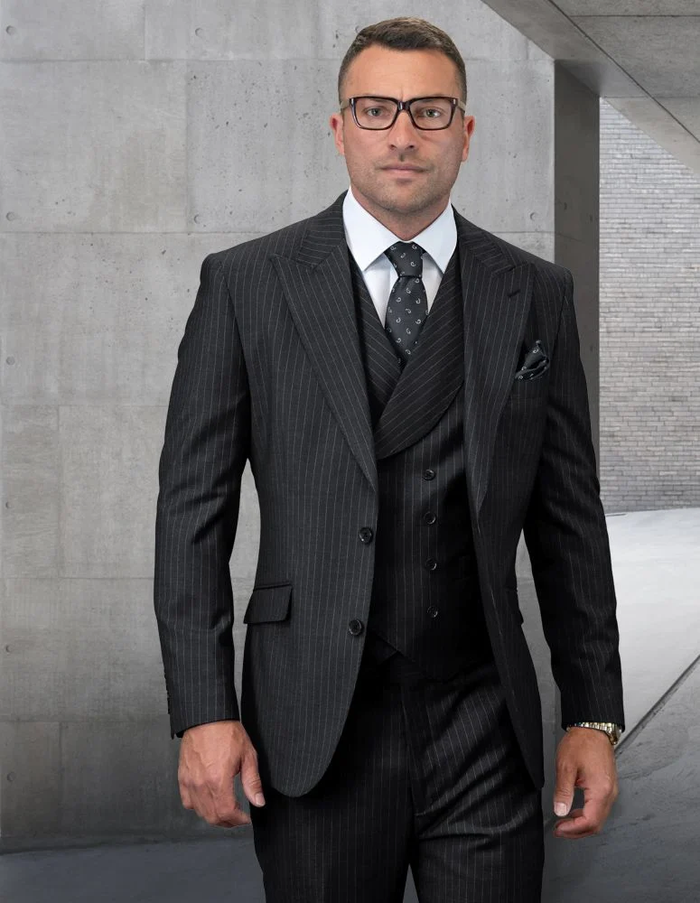 Men's grey pinstripe double-breasted suit. Lightweight fabric, fitted shape, two-button closure. Includes vest, sharp collar, and pocket square.
