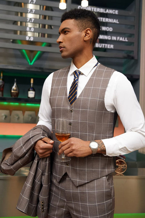 Mens Stacy Adams Suit -Stacy Adams Men's Modern Fit Suit - One Button Vested in Light Brown Windowpane Plaid
