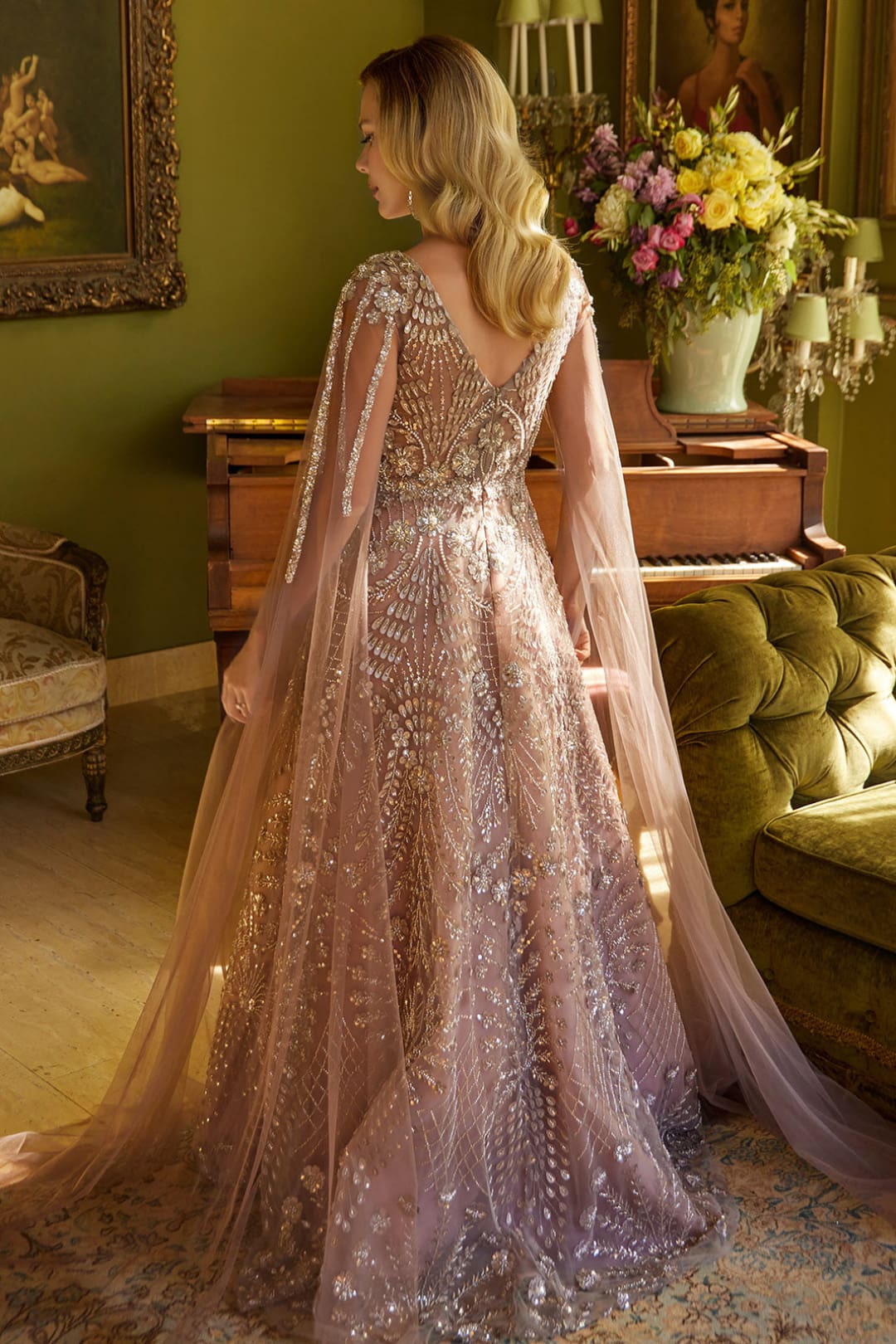 Beaded A-Line Evening Gown with Sheer Cape Sleeves Deep V-Neck Formal Dress by GLS Gloria GL3607