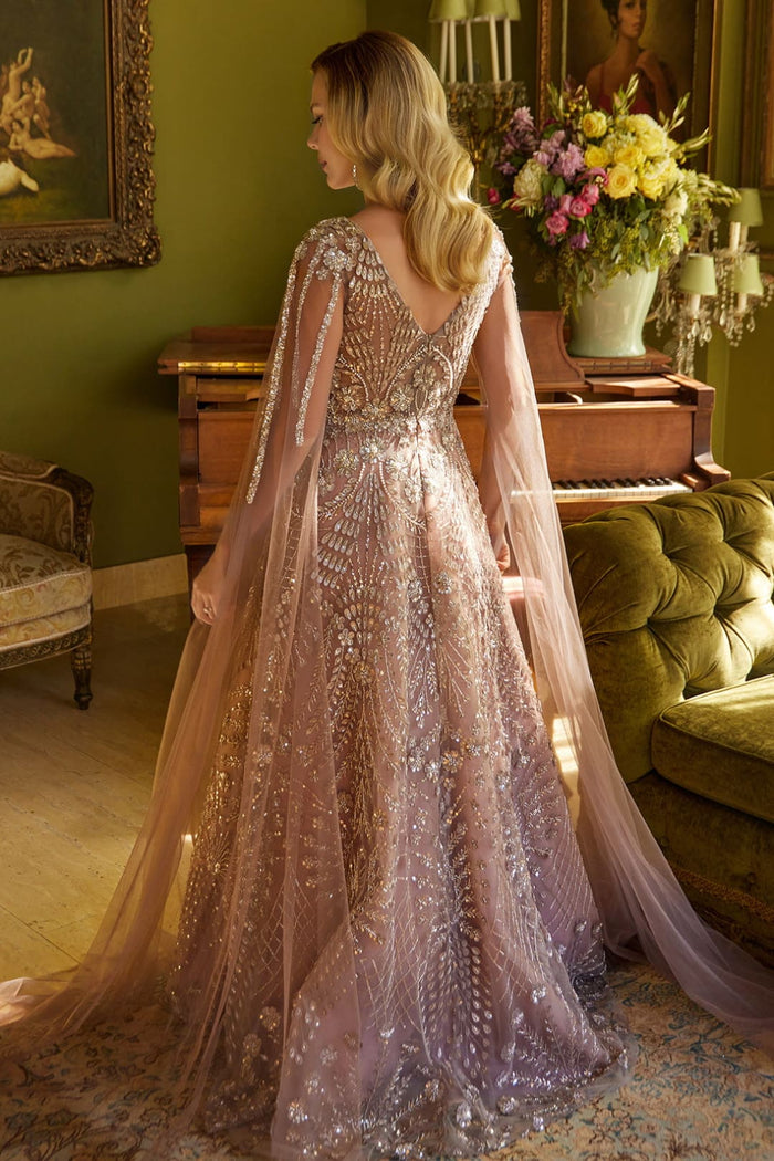 Beaded A-Line Evening Gown with Sheer Cape Sleeves Deep V-Neck Formal Dress by GLS Gloria GL3607