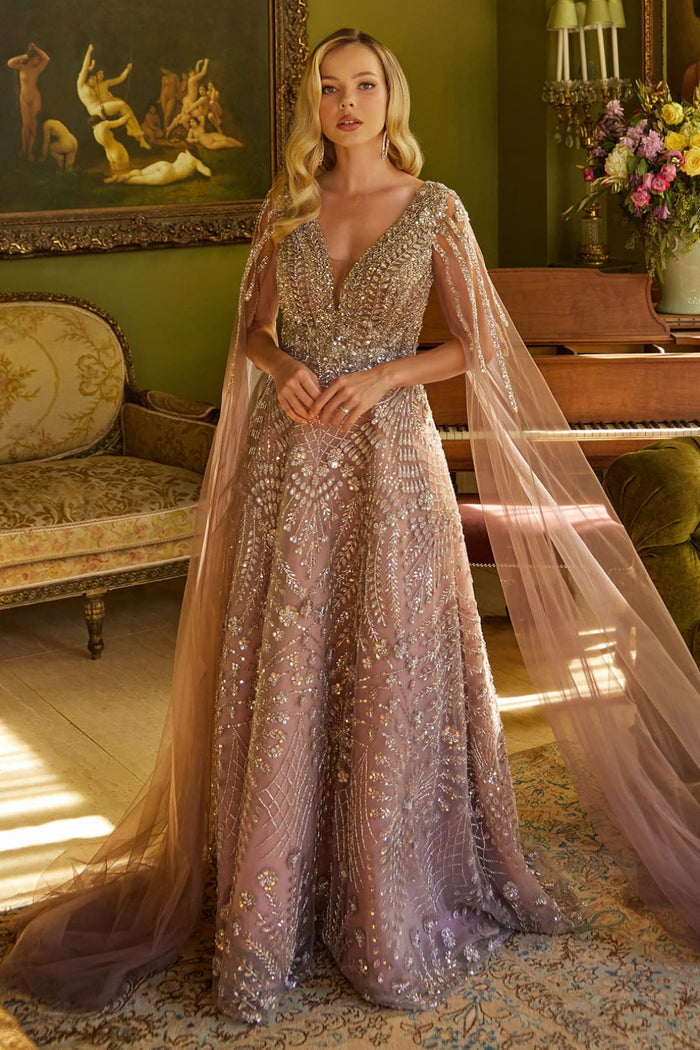Beaded A-Line Evening Gown with Sheer Cape Sleeves Deep V-Neck Formal Dress by GLS Gloria GL3607