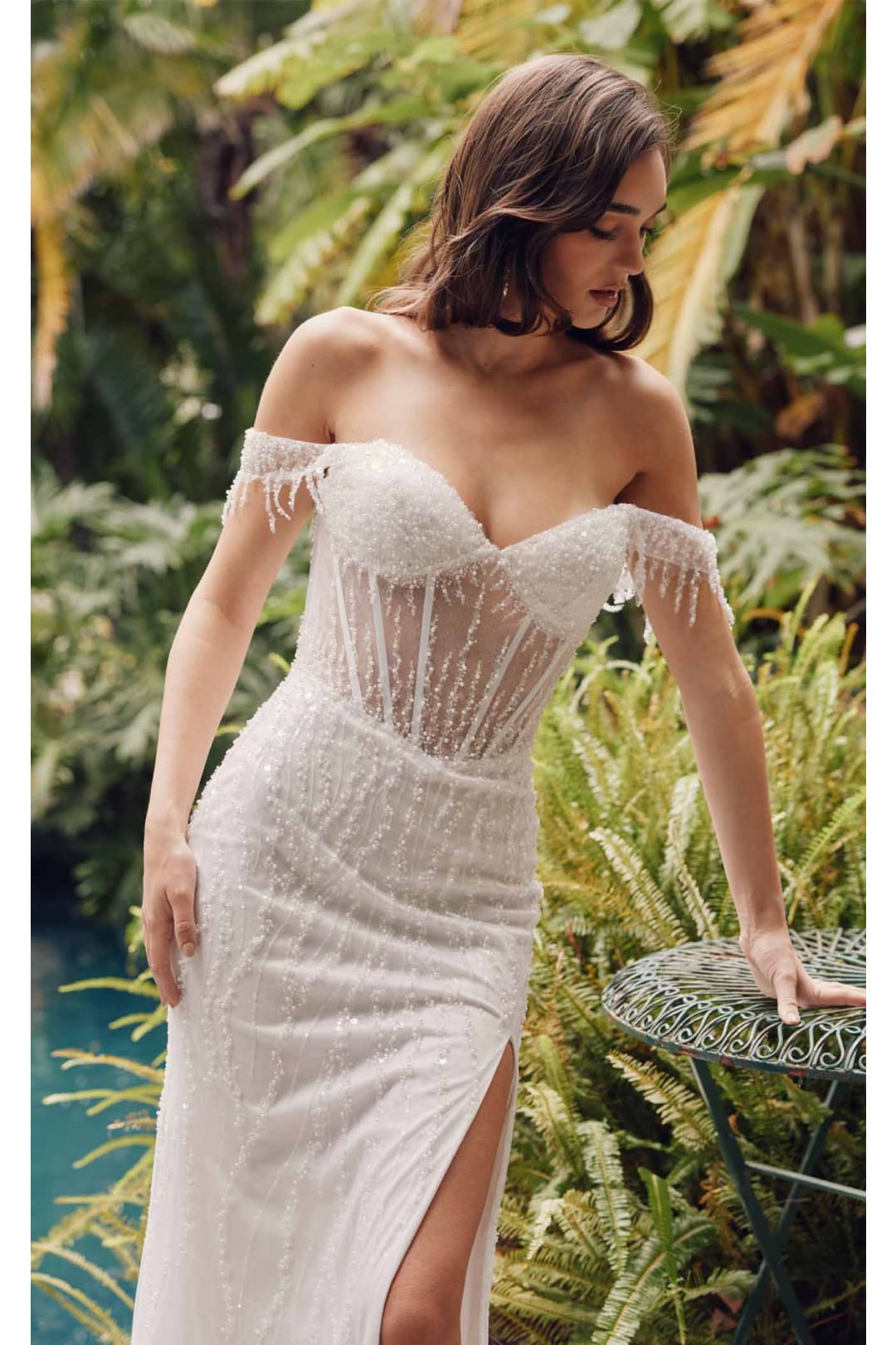 Beaded Fringe Sleeve Prom Gown by Juliet JT2471L