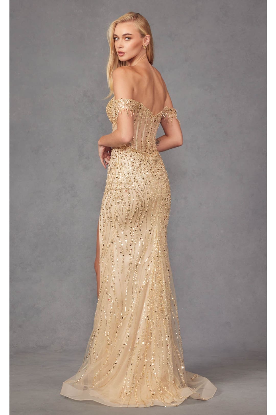Beaded Fringe Sleeve Prom Gown by Juliet JT2471L