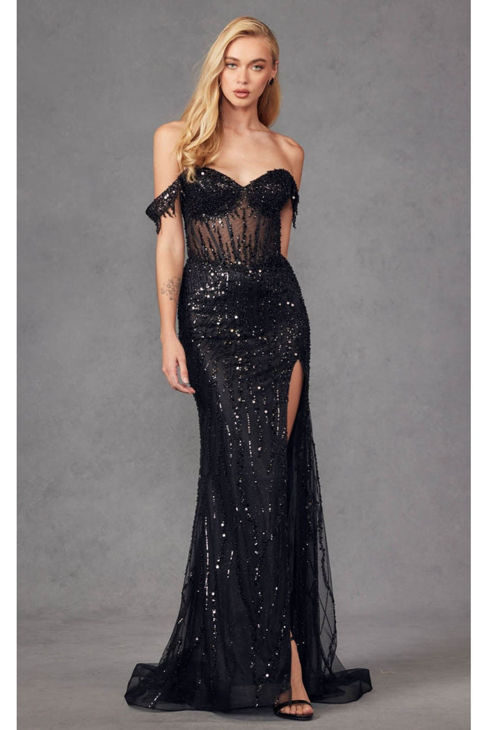 Beaded Fringe Sleeve Prom Gown by Juliet JT2471L